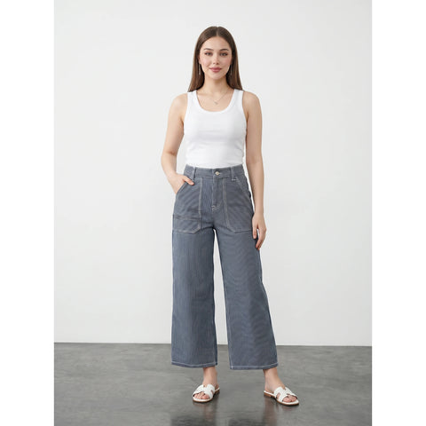 Blue Mini Stripes Cropped Wide Leg Jeans | Montivo Pakistan