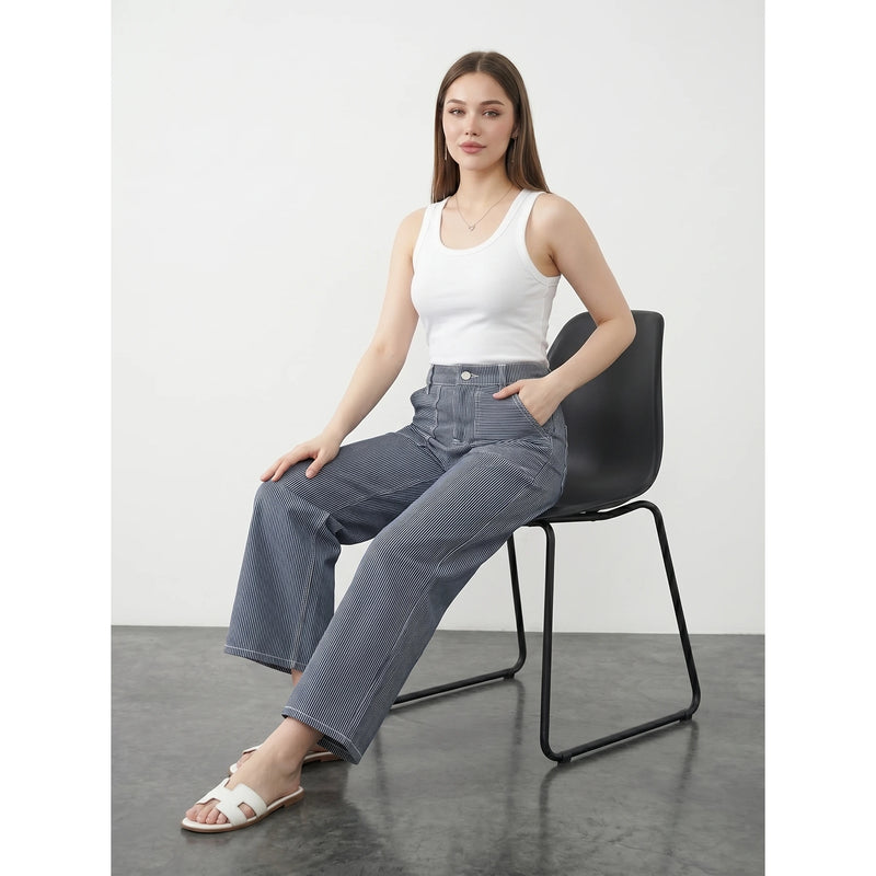 Blue Mini Stripes Cropped Wide Leg Jeans | Montivo Pakistan