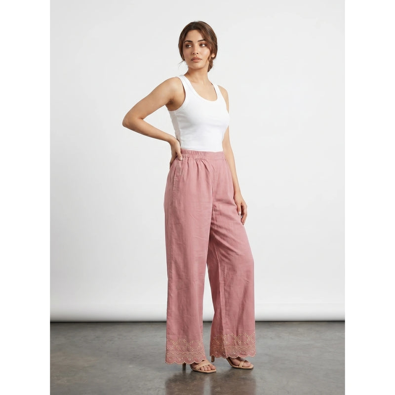 Pink Wide Leg Floral Trousers | Montivo Pakistan