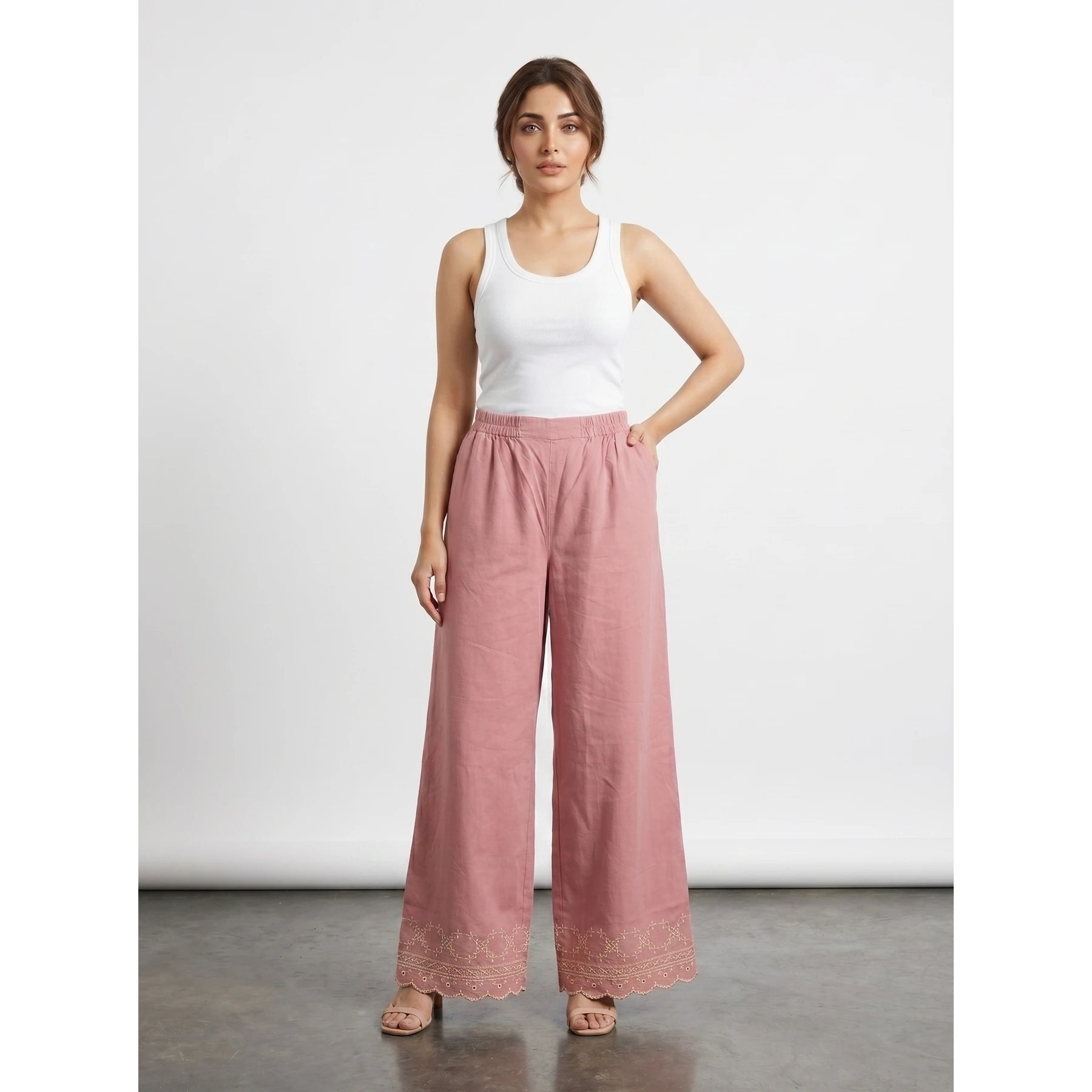 Pink Wide Leg Floral Trousers | Montivo Pakistan