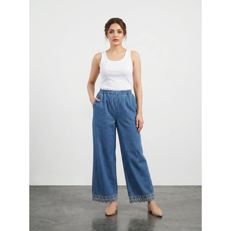 Blue Floral Wide Leg Trousers | Montivo Pakistan