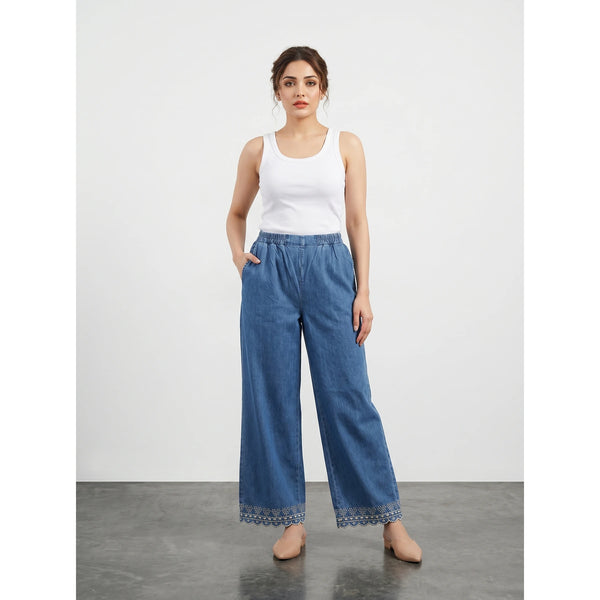 Blue Floral Wide Leg Trousers | Montivo Pakistan