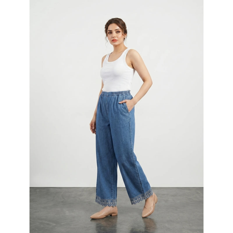 Blue Floral Wide Leg Trousers | Montivo Pakistan