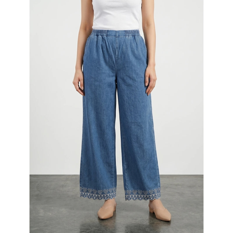 Blue Floral Wide Leg Trousers | Montivo Pakistan