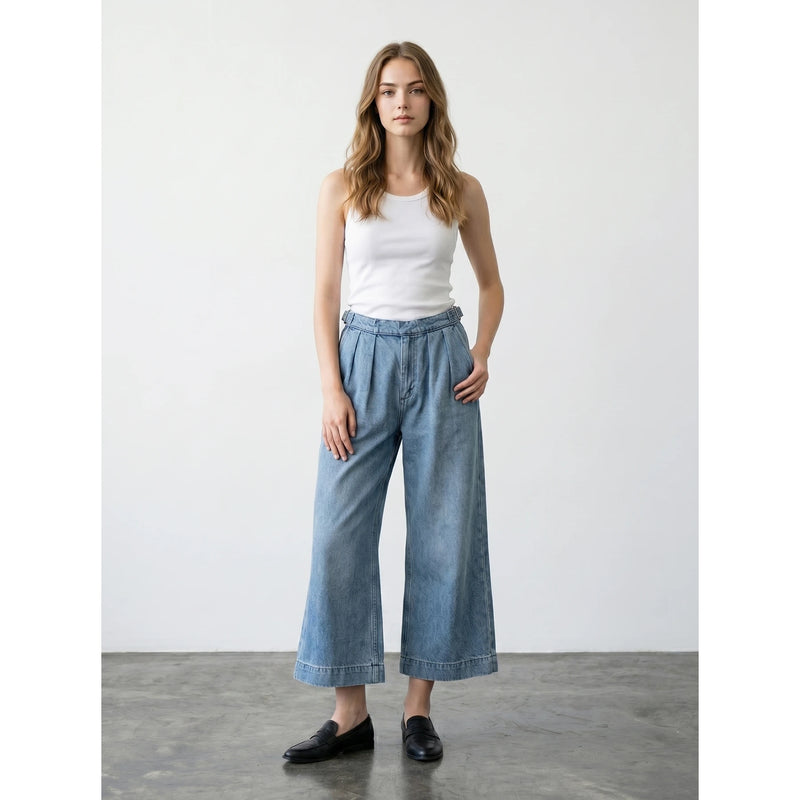 Vintage Blue Pleated Wide Leg Jeans | Montivo Pakistan