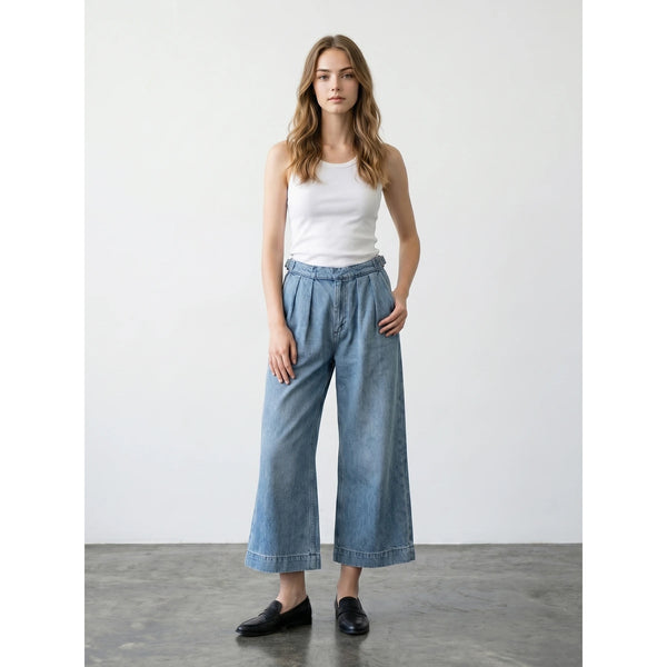 Vintage Blue Pleated Wide Leg Jeans | Montivo Pakistan