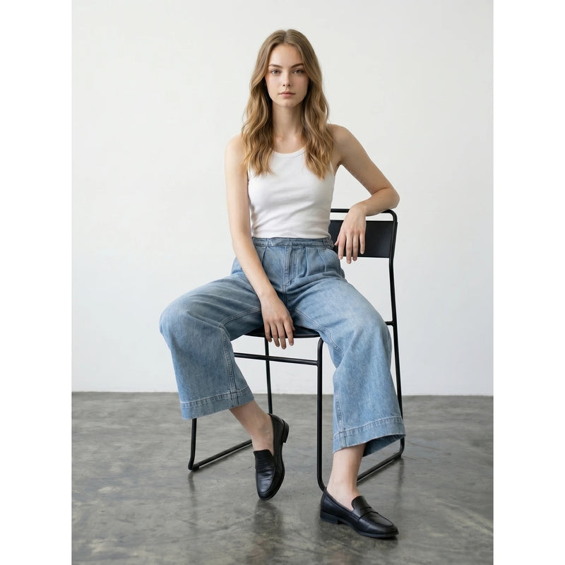 Vintage Blue Pleated Wide Leg Jeans | Montivo Pakistan