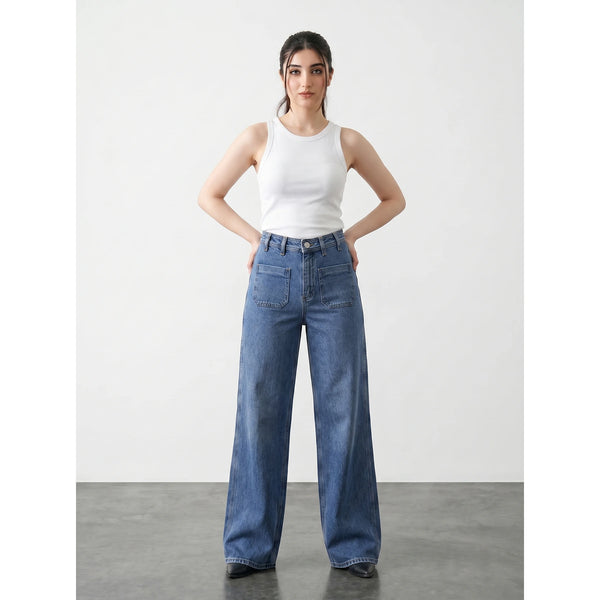 Blue Front Pocket Wide Leg Jeans | Montivo Pakistan