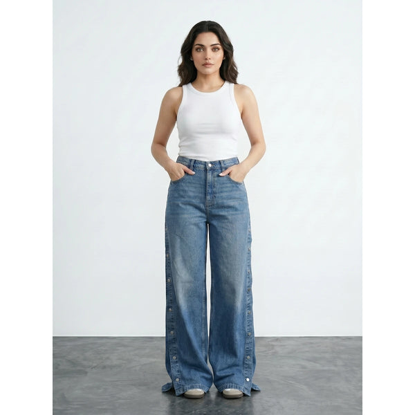 Vintage Blue Side Button Wide Leg Jeans | Montivo Pakistan