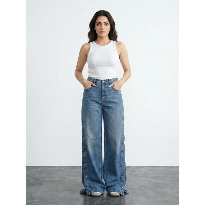 Vintage Blue Side Button Wide Leg Jeans | Montivo Pakistan