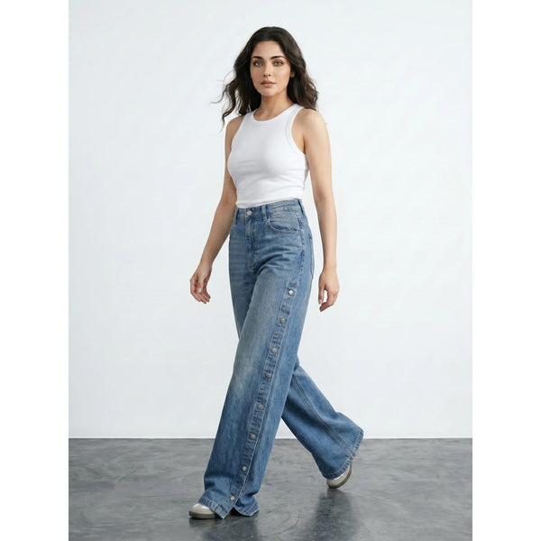 Vintage Blue Side Button Wide Leg Jeans | Montivo Pakistan