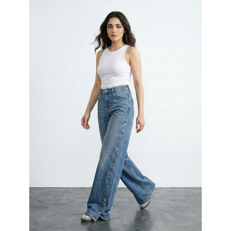 Vintage Blue Side Button Wide Leg Jeans | Montivo Pakistan
