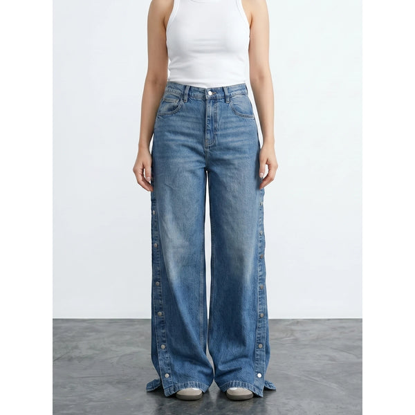 Vintage Blue Side Button Wide Leg Jeans | Montivo Pakistan