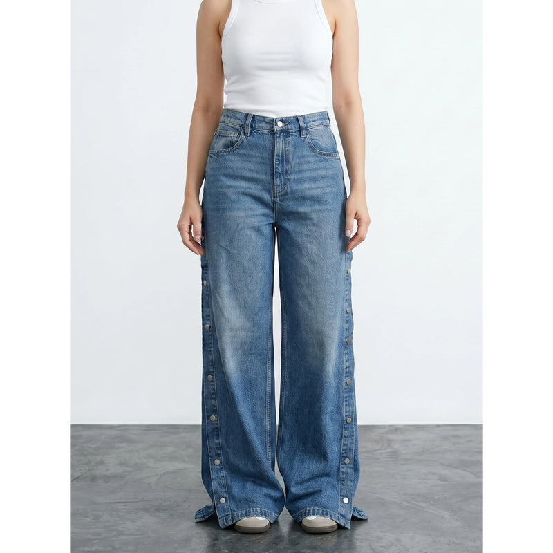 Vintage Blue Side Button Wide Leg Jeans | Montivo Pakistan