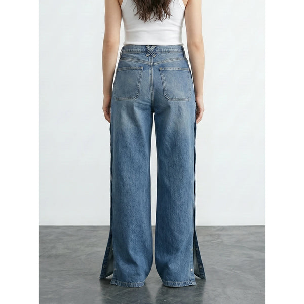 Vintage Blue Side Button Wide Leg Jeans | Montivo Pakistan