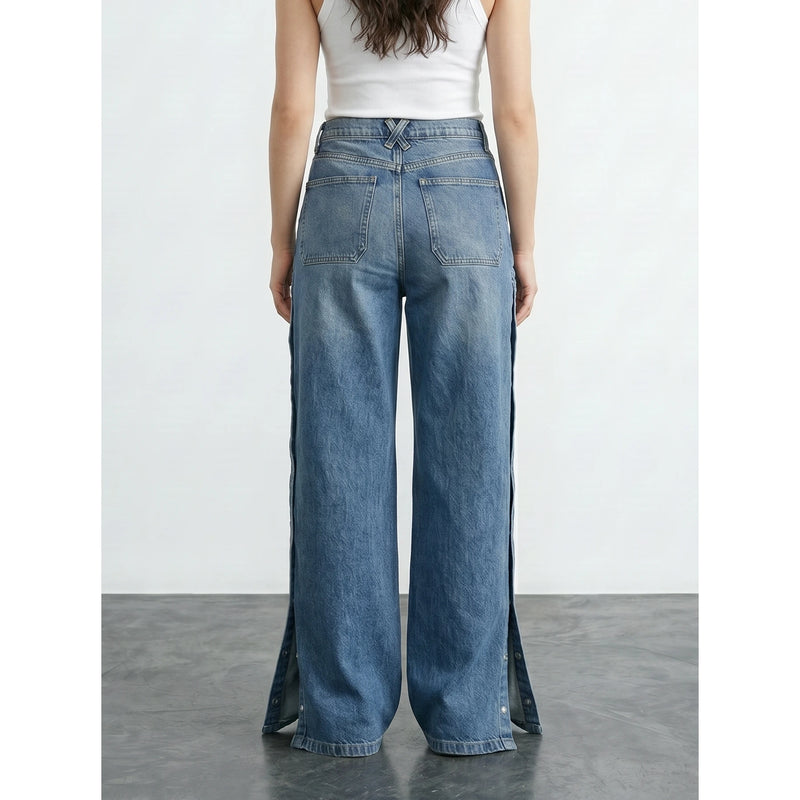 Vintage Blue Side Button Wide Leg Jeans | Montivo Pakistan