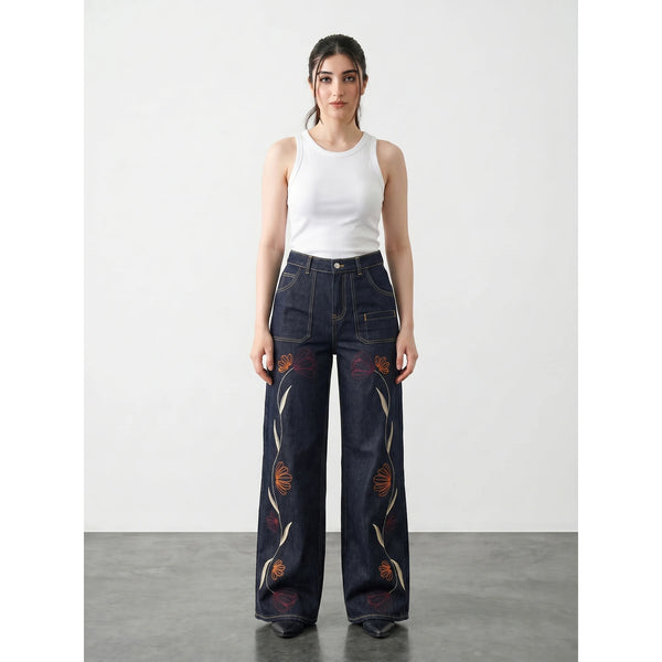 Rinse Wash Embroidered Wide Leg Jeans | Montivo Pakistan
