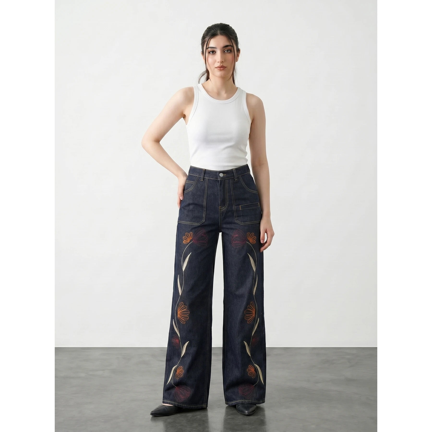 Rinse Wash Embroidered Wide Leg Jeans | Montivo Pakistan