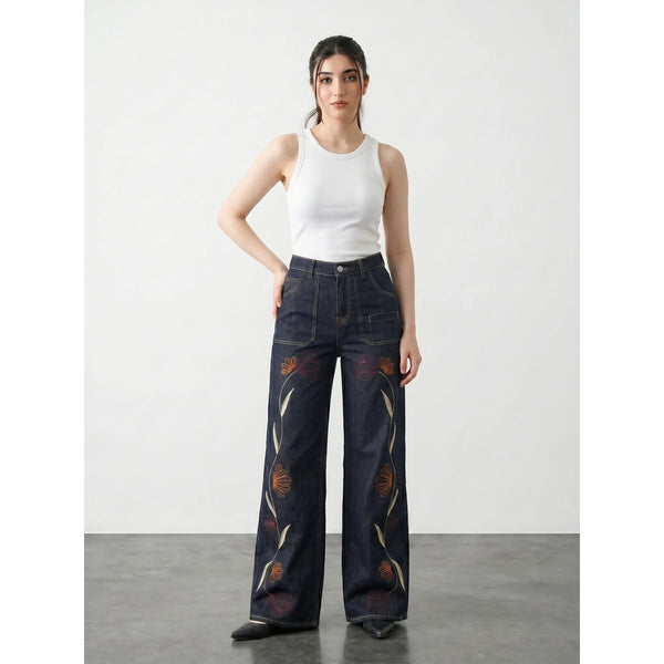 Rinse Wash Embroidered Wide Leg Jeans | Montivo Pakistan