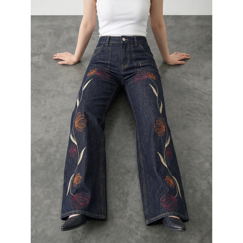 Rinse Wash Embroidered Wide Leg Jeans | Montivo Pakistan