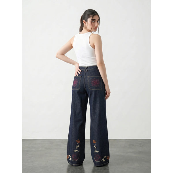 Rinse Wash Embroidered Wide Leg Jeans | Montivo Pakistan