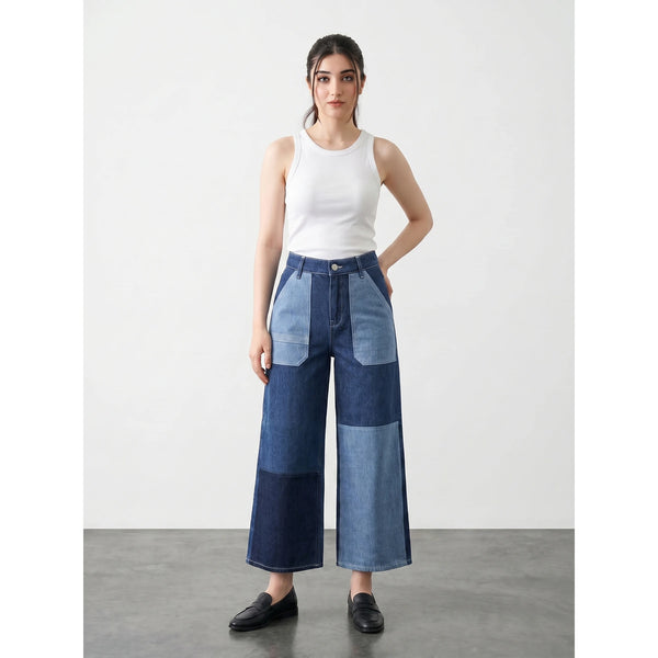 Blue Cropped Panel Wide Leg Jeans | Montivo Pakistan