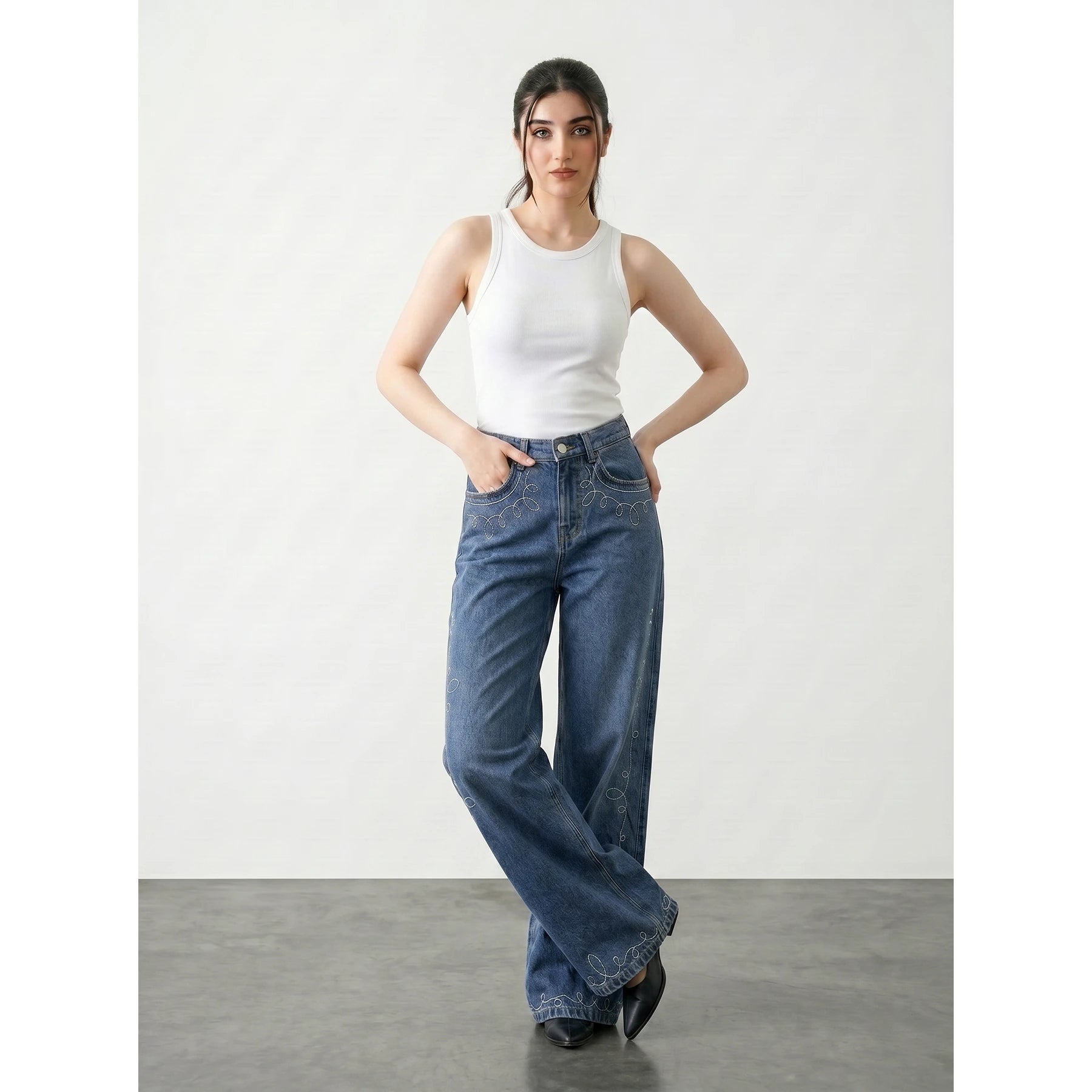 Mid Blue Embroidered Wide Leg Jeans | Montivo Pakistan