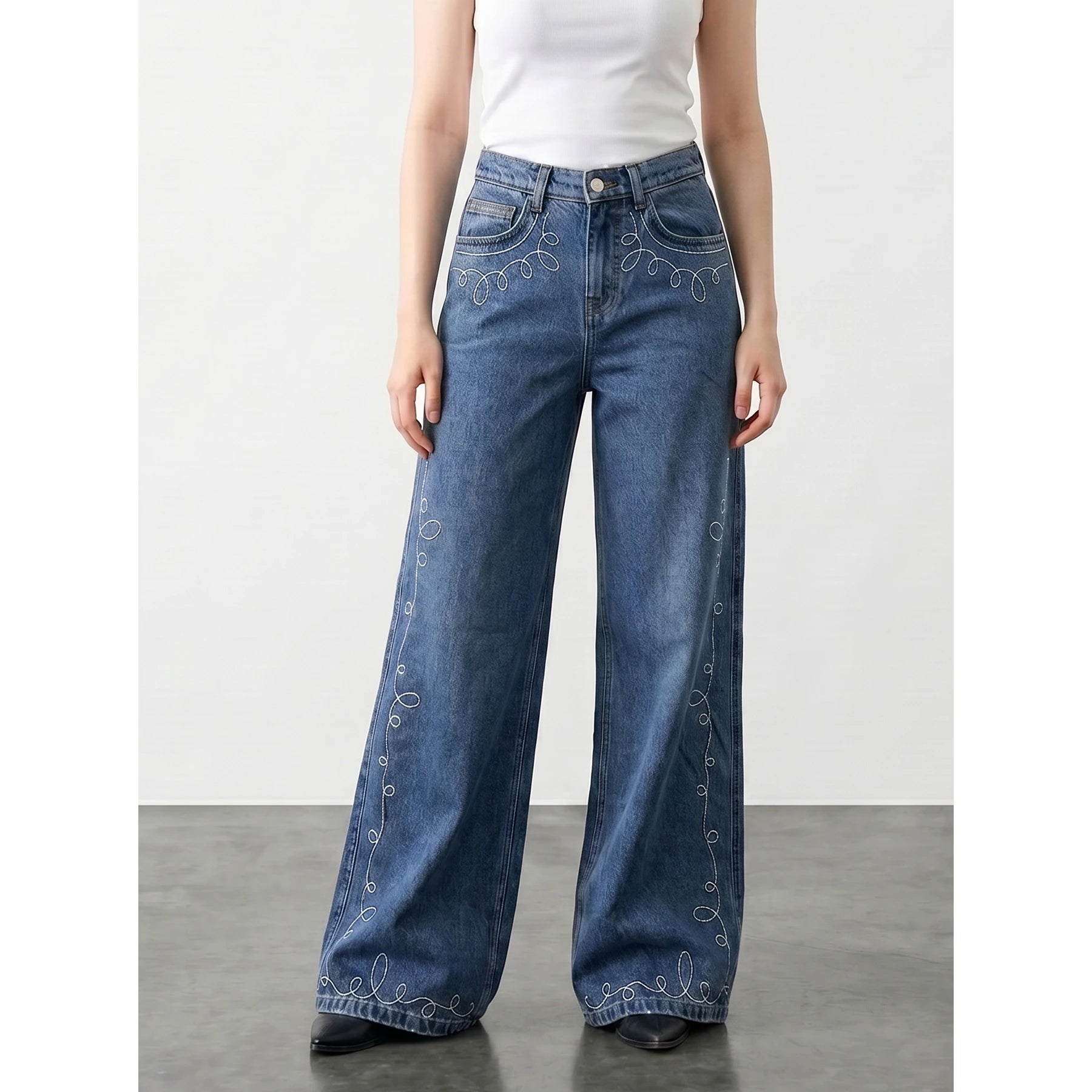 Mid Blue Embroidered Wide Leg Jeans | Montivo Pakistan