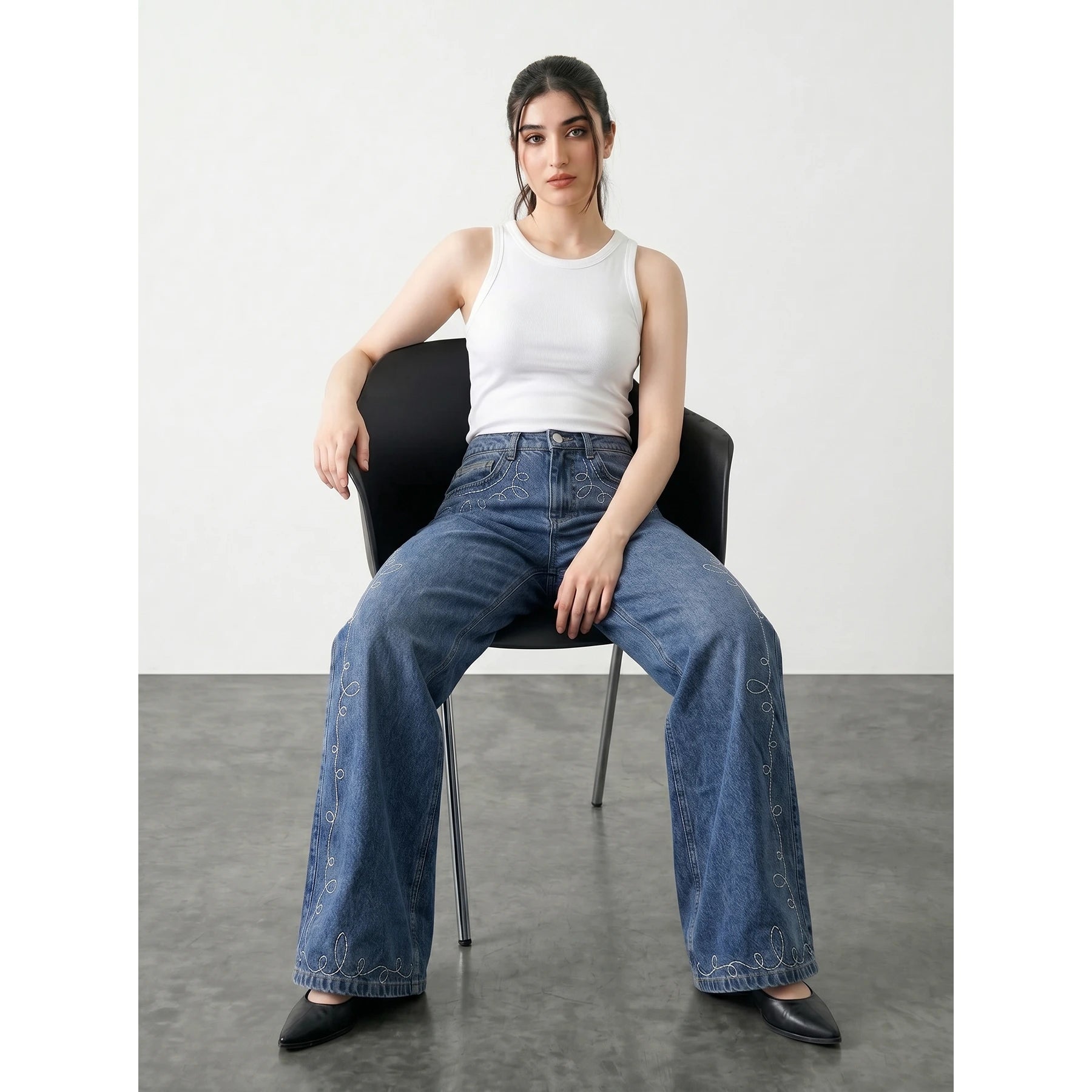 Mid Blue Embroidered Wide Leg Jeans | Montivo Pakistan