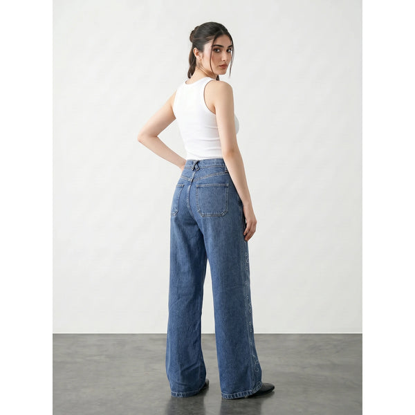 Mid Blue Embroidered Wide Leg Jeans | Montivo Pakistan