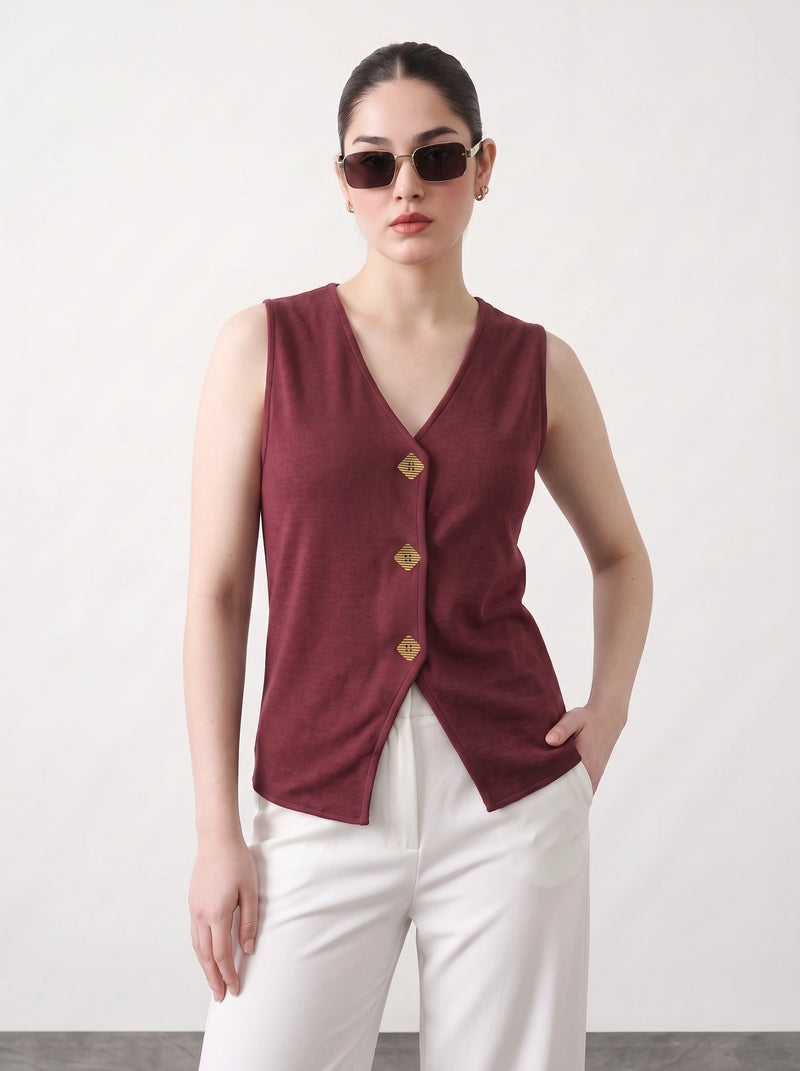 Burgundy V Neck Vest Top | Montivo Pakistan