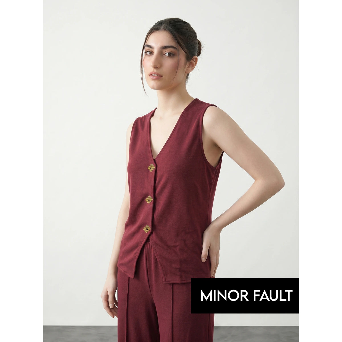 (Minor Fault) Burgundy V Neck Vest Top | Montivo Pakistan