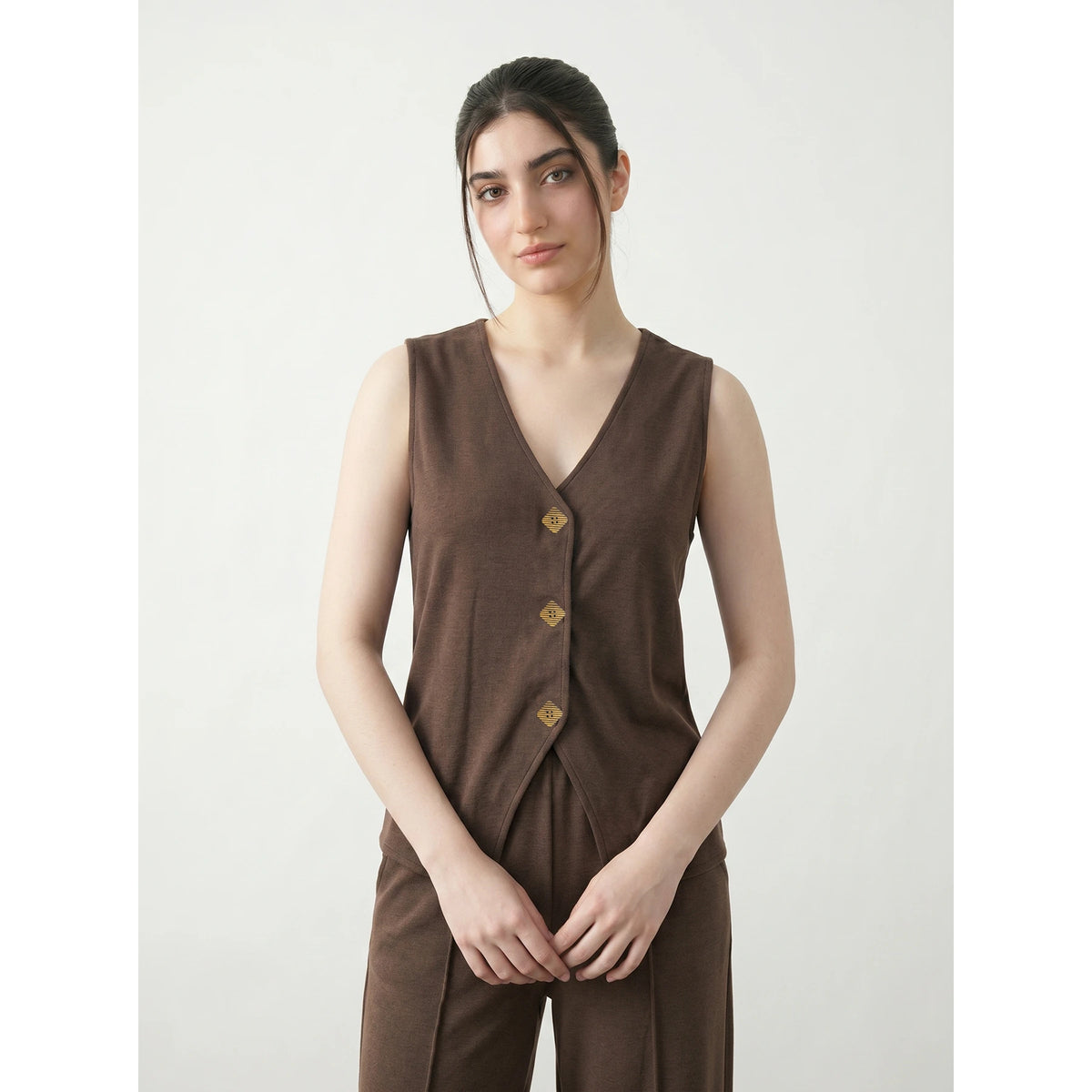 Brown V Neck Vest Top | Montivo Pakistan