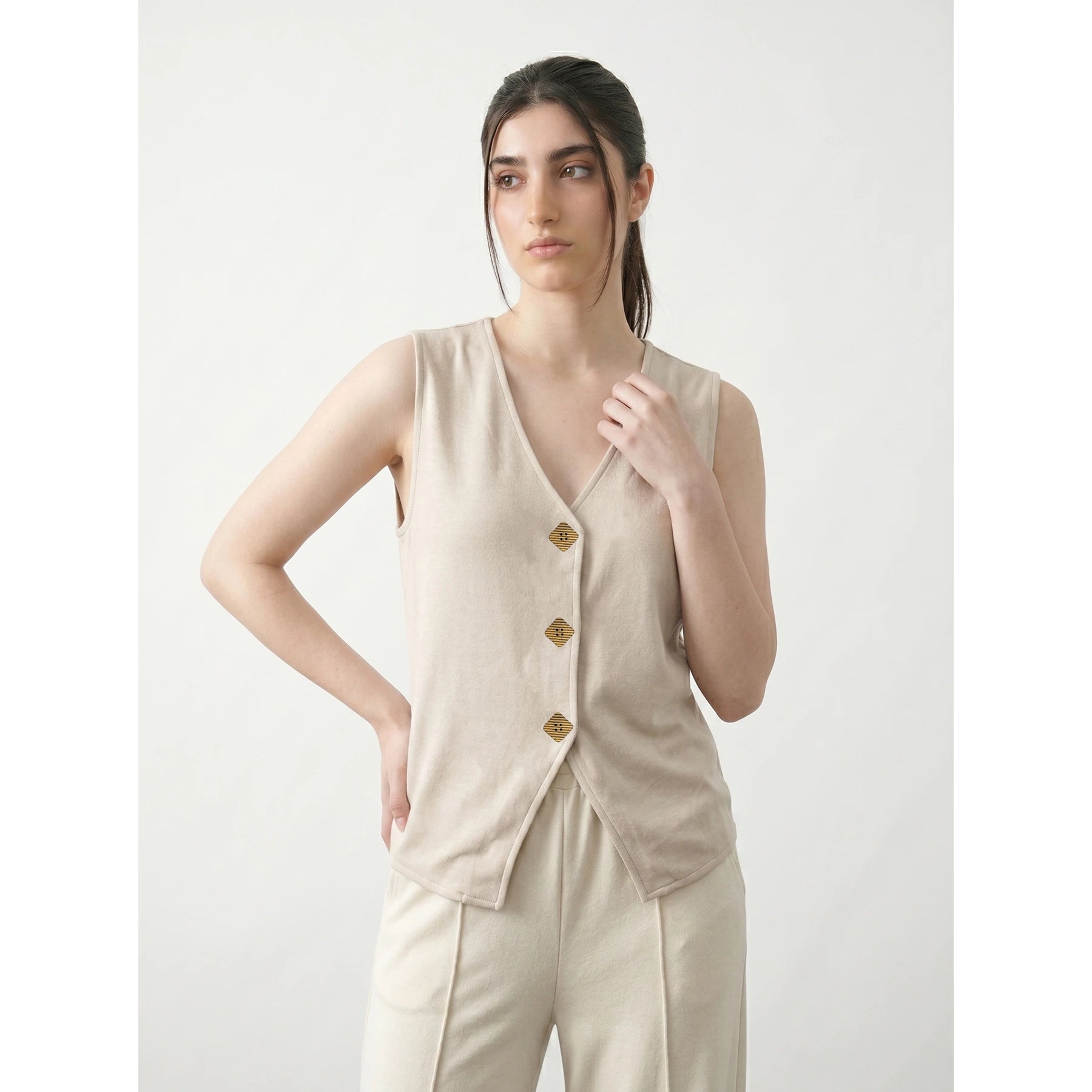 Beige V Neck Vest Top | Montivo Pakistan
