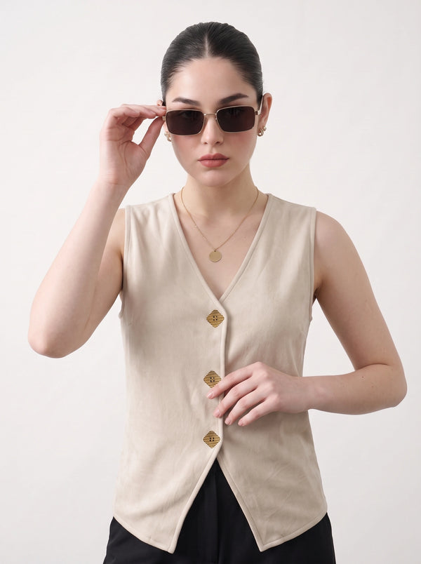 Beige V Neck Vest Top | Montivo Pakistan
