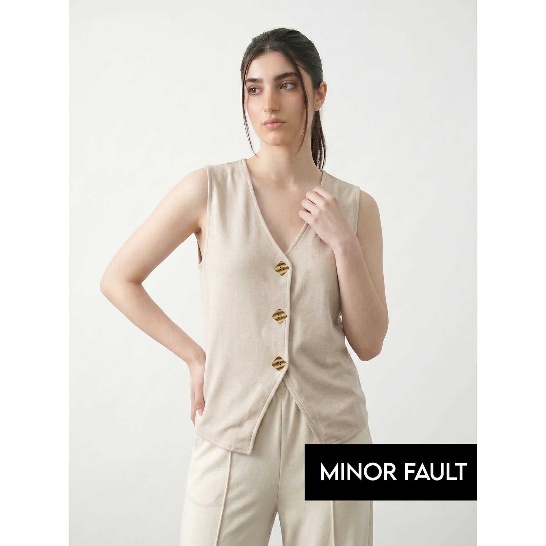 (Minor Fault) Beige V Neck Vest Top | Montivo Pakistan