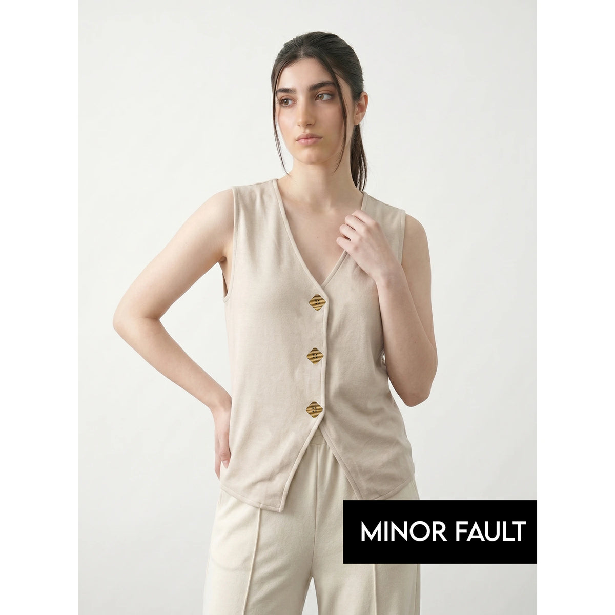 (Minor Fault) Beige V Neck Vest Top | Montivo Pakistan