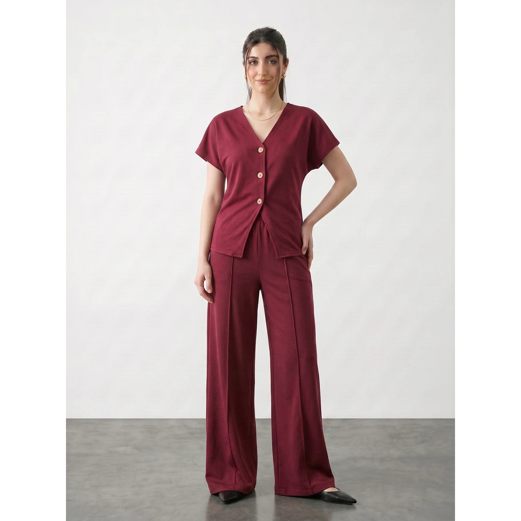 Burgundy Interlock Button Down Top | Montivo Pakistan