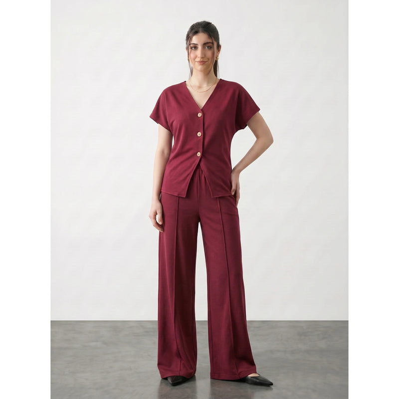 Burgundy Interlock Button Down Top | Montivo Pakistan