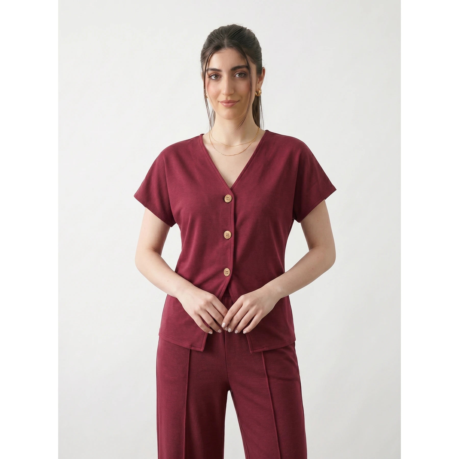 Burgundy Interlock Button Down Top | Montivo Pakistan