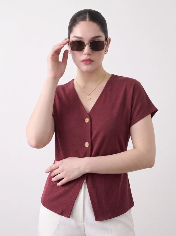 Burgundy Interlock Button Down Top | Montivo Pakistan