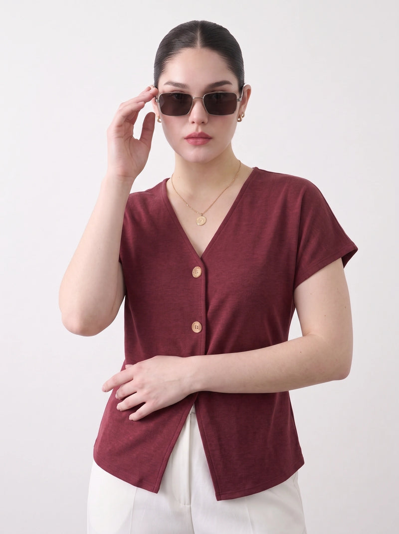 Burgundy Interlock Button Down Top | Montivo Pakistan