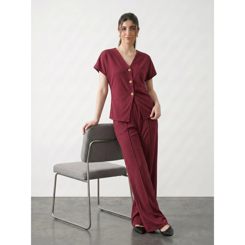 Burgundy Interlock Button Down Top | Montivo Pakistan