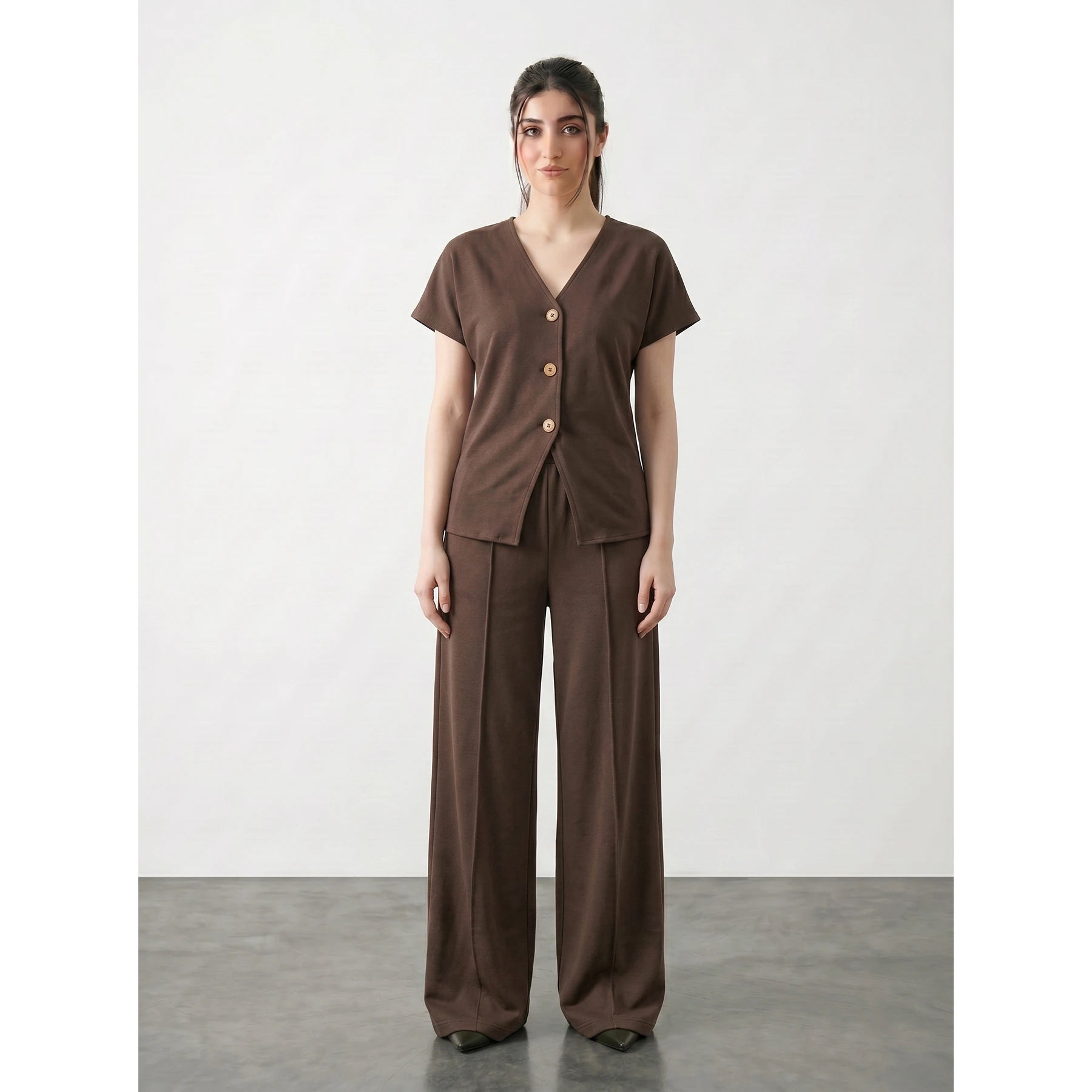 Brown Interlock Button Down Top | Montivo Pakistan