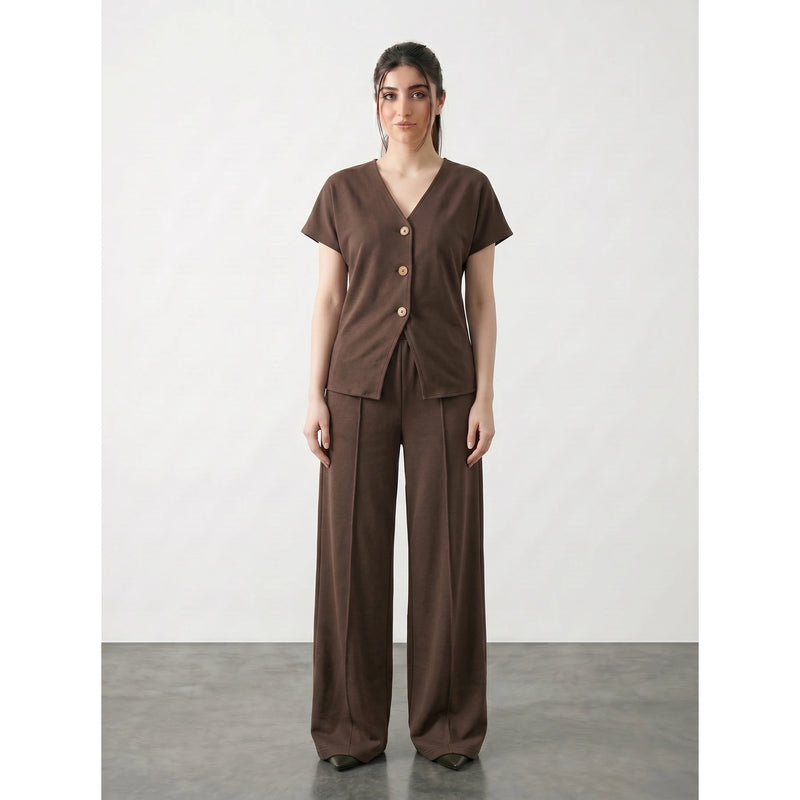 Brown Interlock Button Down Top | Montivo Pakistan