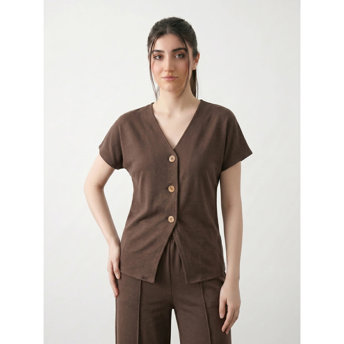 Brown Interlock Button Down Top | Montivo Pakistan