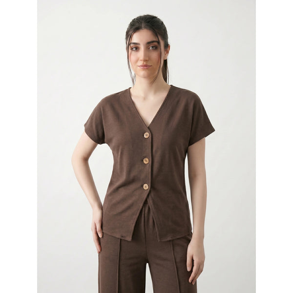 Brown Interlock Button Down Top | Montivo Pakistan