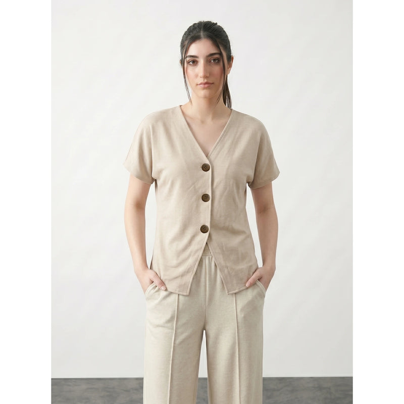 Beige Interlock Button Down Top | Montivo Pakistan