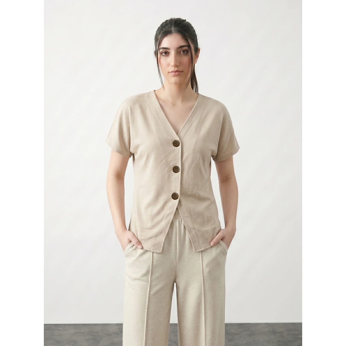 Beige Interlock Button Down Top | Montivo Pakistan