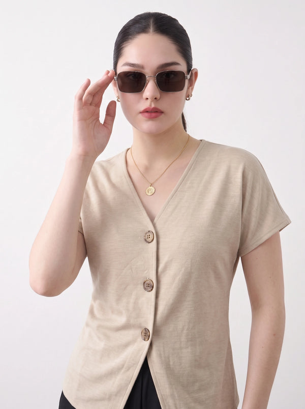 Beige Interlock Button Down Top | Montivo Pakistan